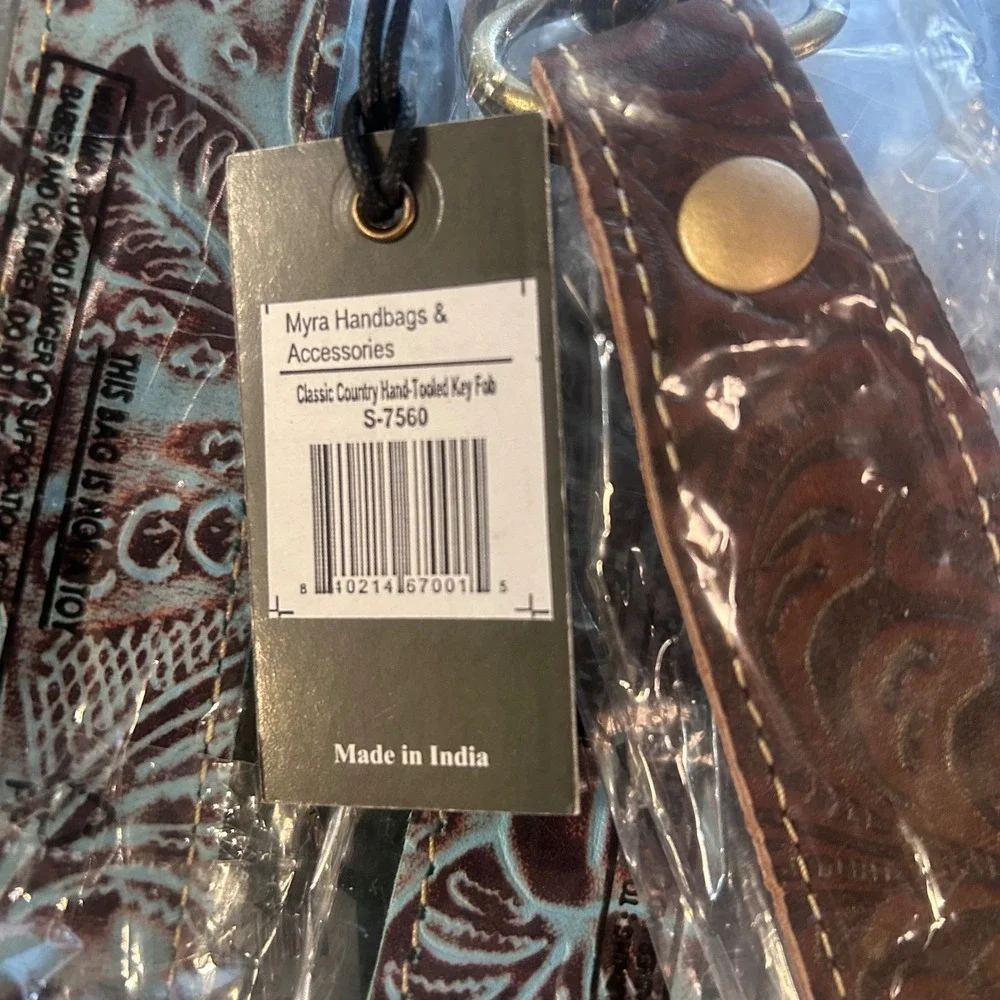 Myra Handbags Brown‎ Leather Hand Tooled Key Fob Classic Country Bag Charm New